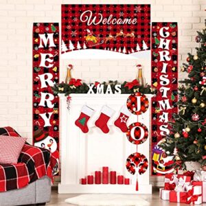 4 Pcs Christmas Holiday Door Banner with String Light Red Black Buffalo Plaid Outside Xmas Decorations Welcome Joy Merry Christmas Banner Lights Hanging Winter Porch Decorations Indoor Outdoor Party