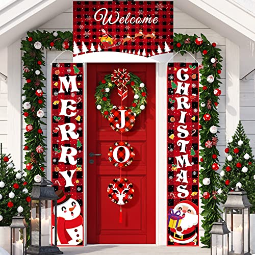 4 Pcs Christmas Holiday Door Banner with String Light Red Black Buffalo Plaid Outside Xmas Decorations Welcome Joy Merry Christmas Banner Lights Hanging Winter Porch Decorations Indoor Outdoor Party