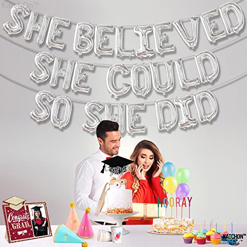 XtraLarge, She Believed She Could So She Did Banner - 16 Inch, Silver Graduation Banner | Graduation Party Decorations 2023 | Metallic Silver Congrats Grad Banner for Graduation Party Supplies 2023