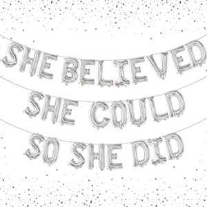 xtralarge, she believed she could so she did banner – 16 inch, silver graduation banner | graduation party decorations 2023 | metallic silver congrats grad banner for graduation party supplies 2023