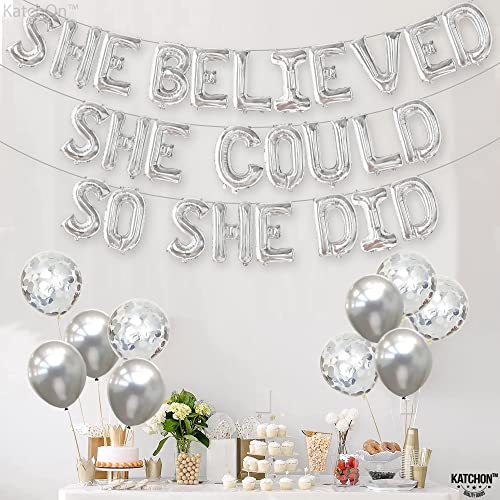 XtraLarge, She Believed She Could So She Did Banner - 16 Inch, Silver Graduation Banner | Graduation Party Decorations 2023 | Metallic Silver Congrats Grad Banner for Graduation Party Supplies 2023