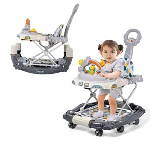 boyro baby 4 in 1 baby walker, baby walkers for boys and girls with removable footrest, feeding tray and rocking function with music tray, foldable activity walker for baby 6-18 months, help baby walk