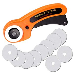 rotary cutter, 45mm rotary cutter for fabric, rotary fabric cutter with safety lock, included extra 10 pack 45mm replacement blades, ergonomic rotary cutter tool for quilting sewing arts crafts