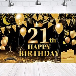 happy 21th birthday backdrop banner black gold 21th sign poster 21 birthday party supplies for anniversary photo booth photography background birthday party decorations, 72.8 x 43.3 inch