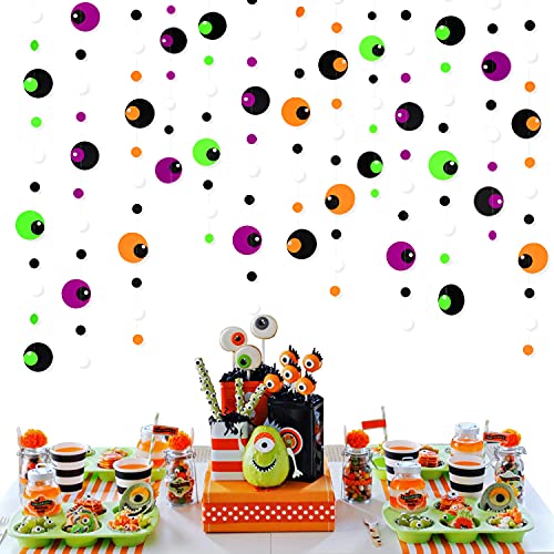 Halloween Eyeballs Garland Decorations Orange Purple Black Green Neon Paper Bunting Banner Streamers Black Light Circle Dots Hanging Decorations for Halloween All Hallows Eve Birthday Party Supplies