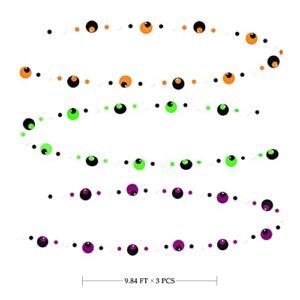 Halloween Eyeballs Garland Decorations Orange Purple Black Green Neon Paper Bunting Banner Streamers Black Light Circle Dots Hanging Decorations for Halloween All Hallows Eve Birthday Party Supplies