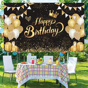 Black and Gold Birthday Backdrop for Men Women Happy Birthday Background Banner Black and Gold Party Decorations Cake Table Decor Banner Photo Booth Props 71×45inch（Black Gold）