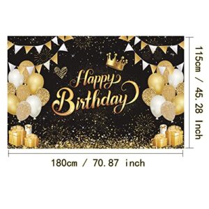 Black and Gold Birthday Backdrop for Men Women Happy Birthday Background Banner Black and Gold Party Decorations Cake Table Decor Banner Photo Booth Props 71×45inch（Black Gold）