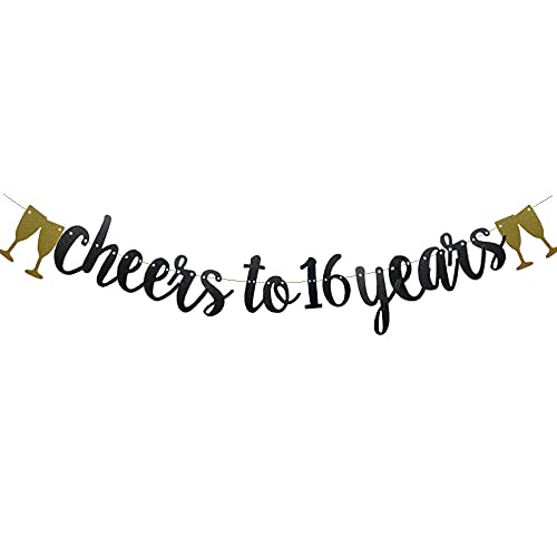 Cheers To 16 Years Banner Black Paper Glitter Party Decorations For 16TH Wedding Anniversary 16 Years Old 16TH Birthday Party Supplies Letters Black ZHAOFEIHN