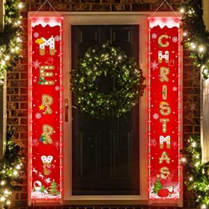 christmas decorations banners with string lights, cookie pattern merry christmas party decor, bright red xmas hanging banner for outdoor/indoor home front door, 600d fabric porch sign, hemming strip lights