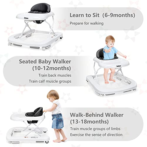 INFANS Foldable Baby Walker for Boys and Girls, 2 in 1 Toddler Walker Learning-Seated or Walk-Behind, Adjustable Speed Rear Wheels, Safety Bumper, Detachable Seat Cover, Anti-Rollover (Grey)