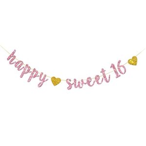 happy sweet 16 banner – pink glitter sweet sixteen sign -16th birthday banner decorations – milestone happy birthday decorations
