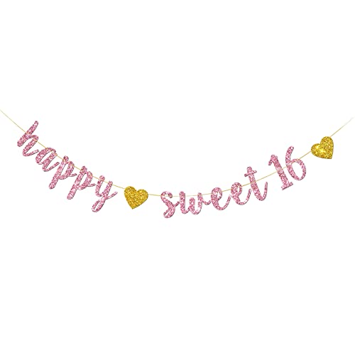 Happy Sweet 16 Banner – Pink Glitter Sweet Sixteen Sign -16th Birthday Banner Decorations - Milestone Happy Birthday Decorations