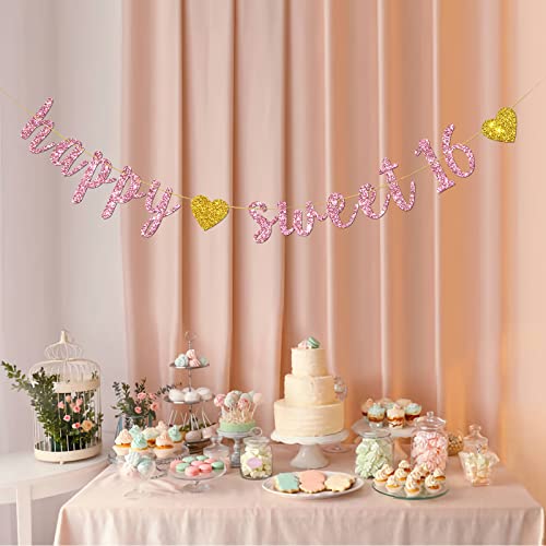 Happy Sweet 16 Banner – Pink Glitter Sweet Sixteen Sign -16th Birthday Banner Decorations - Milestone Happy Birthday Decorations