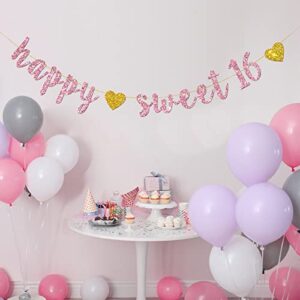 Happy Sweet 16 Banner – Pink Glitter Sweet Sixteen Sign -16th Birthday Banner Decorations - Milestone Happy Birthday Decorations