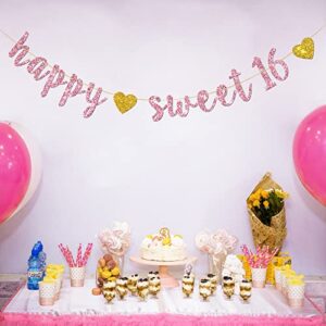 Happy Sweet 16 Banner – Pink Glitter Sweet Sixteen Sign -16th Birthday Banner Decorations - Milestone Happy Birthday Decorations