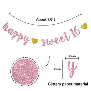 Happy Sweet 16 Banner – Pink Glitter Sweet Sixteen Sign -16th Birthday Banner Decorations - Milestone Happy Birthday Decorations