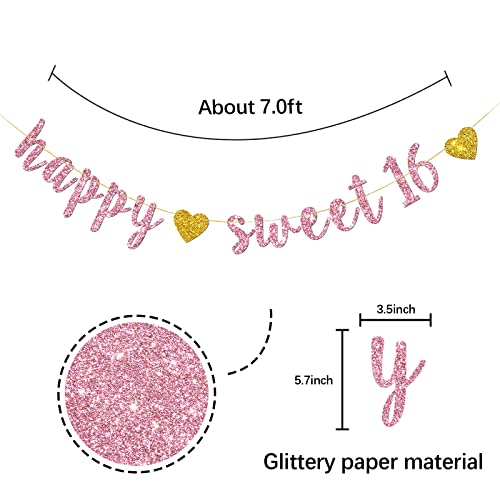 Happy Sweet 16 Banner – Pink Glitter Sweet Sixteen Sign -16th Birthday Banner Decorations - Milestone Happy Birthday Decorations