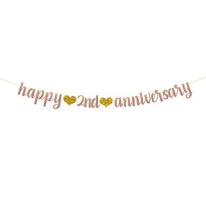 rose gold glitter happy 2nd anniversary banner, 2nd wedding anniversary party decorations suppilies, cheers to 2 year banner (2nd)