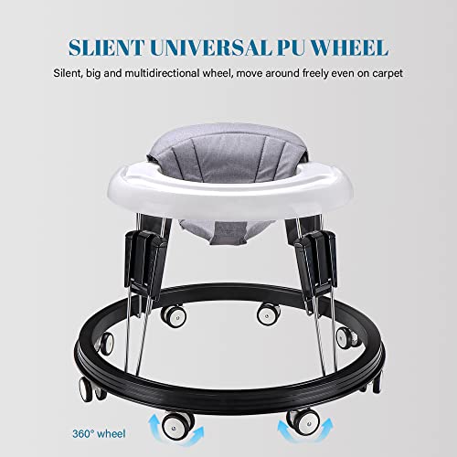 Baby Walker Adjustable Height, ABIOSER Multi-Function Anti-Rollover Folding Walker 9 Heights Adjustable 6-18 Months Male and Female Baby Walker (Gray)