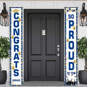 Allenjoy Blue Graduation Porch Sign Congrats Grad Door Banner for Party Decoration So Proud of You Flag Welcome Hanging Wall Outdoor Indoor Polyester 11.8x70.9 Inch Home Event Decors Supplies 2PCS