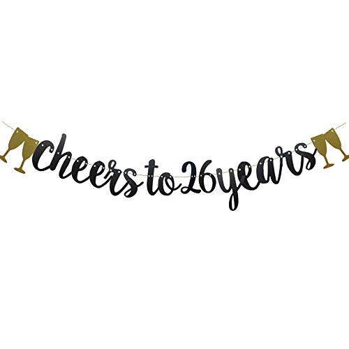 Cheers To 26 Years Banner,Pre-Strung, Black Paper Glitter Party Decorations For 26TH Wedding Anniversary 26 Years Old 26TH Birthday Party Supplies Letters Black ZHAOFEIHN