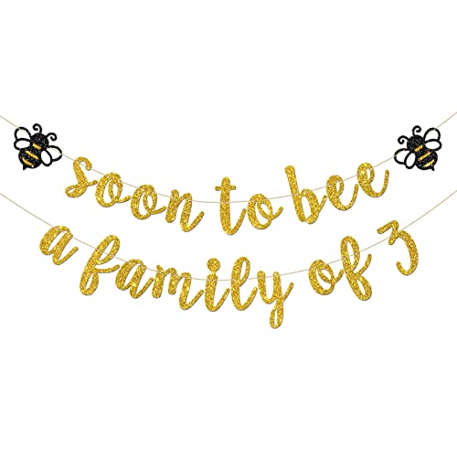 INNORU Soon to Bee a Family of Three Banner, Bumble Bee Theme Baby Shower Party Decorations, Mommy to Bee Daddy to Bee Party, Bee Pregnant Annountanct Party Decorations, Gold Glitter