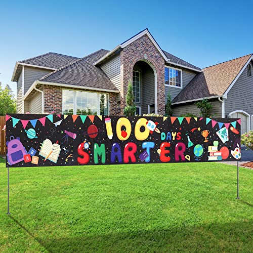 100th Day of School Banner Decoration Outdoor 100 Days Smarter Banner 100 Days School Theme Balloons Yard Backdrop Sign for Kindergarten Preschool Primary School 100th Day Party Favor Supplies