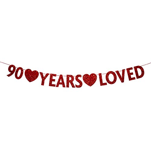 Red 90 Year Loved Banner, Red Glitter Happy 90th Birthday Party Decorations, Supplies