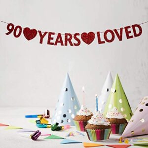 Red 90 Year Loved Banner, Red Glitter Happy 90th Birthday Party Decorations, Supplies