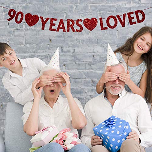 Red 90 Year Loved Banner, Red Glitter Happy 90th Birthday Party Decorations, Supplies