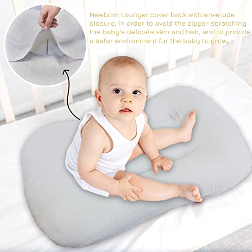 Muslin Baby Lounger Cover 2 Pack, Organic Cotton Removable Slipcover for Newborn,Baby Padded Lounger Infant Floor Seat Cover for Boys Girls (Gray Creamy-White)