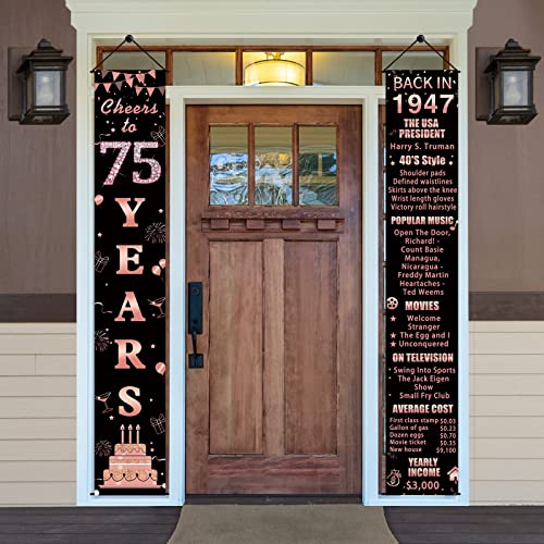 Pimvimcim 75th Birthday Decorations Back in 1947 Cheers to 75 Years Door Banner for Women, Rose Gold Happy 75 Birthday Party Porch