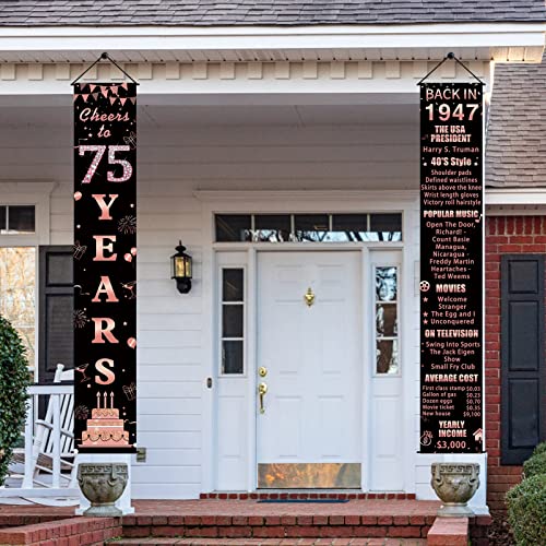 Pimvimcim 75th Birthday Decorations Back in 1947 Cheers to 75 Years Door Banner for Women, Rose Gold Happy 75 Birthday Party Porch