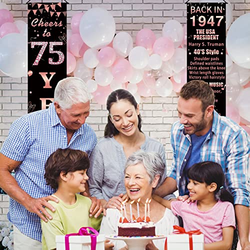 Pimvimcim 75th Birthday Decorations Back in 1947 Cheers to 75 Years Door Banner for Women, Rose Gold Happy 75 Birthday Party Porch