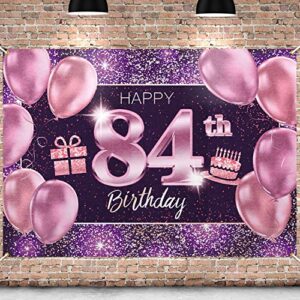 pakboom happy 84th birthday banner backdrop – 84 birthday party decorations supplies for women – pink purple gold 4 x 6ft
