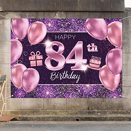 PAKBOOM Happy 84th Birthday Banner Backdrop - 84 Birthday Party Decorations Supplies for Women - Pink Purple Gold 4 x 6ft