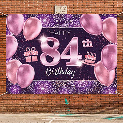 PAKBOOM Happy 84th Birthday Banner Backdrop - 84 Birthday Party Decorations Supplies for Women - Pink Purple Gold 4 x 6ft