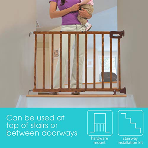 Summer Infant Deluxe Stairway Simple to Secure Wood Gate, 32” Tall Fits Openings up to 30” to 48” Wide Baby and Pet Gate for Hallways, Doorways and Stairways, Oak