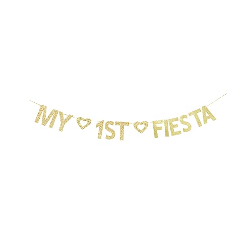 My 1st Fiesta Banner, Baby's/Kids' First Birthday， One Year Old Bday Party Decorations, Gold Gliter Paper Sign