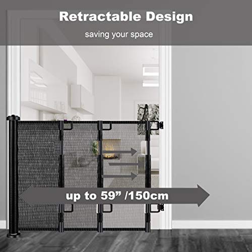 Retractable Baby Gate Dog Gate - Wiscky Extra Wide Safety Gates 33" Tall, Extends to 59" Wide, Easy to Roll and Latch Dogs Gate for Doorways, Stairs, Hallways, Deck, Banisters Indoor/Outdoor (Black)