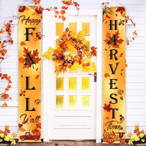 Welcome Fall Harvest Decoration Porch Sign Banner Happy Fall Y'all Autumn Door Sign Pumpkin Maple Leaf for Fall Party Thanksgiving Decoration Garden Yard (Orange Happy Fall Y'all)