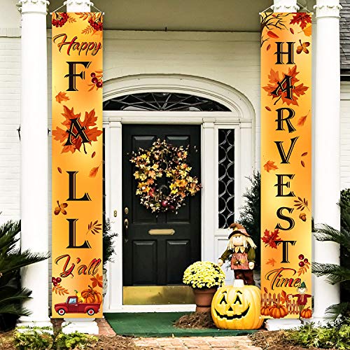 Welcome Fall Harvest Decoration Porch Sign Banner Happy Fall Y'all Autumn Door Sign Pumpkin Maple Leaf for Fall Party Thanksgiving Decoration Garden Yard (Orange Happy Fall Y'all)