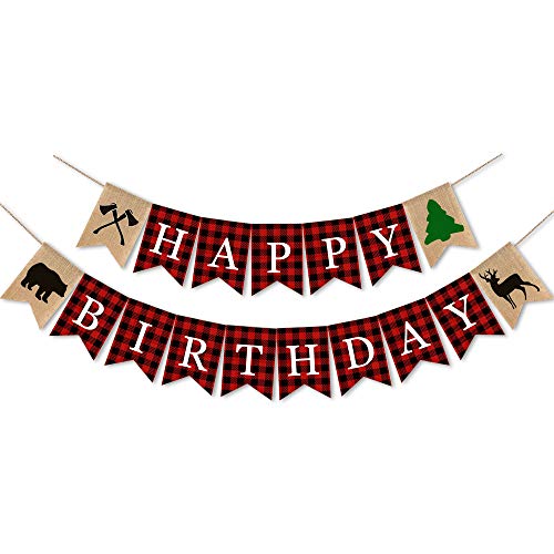 SWYOUN Burlap Lumberjack Happy Birthday Banner Boy Girl Birthday Woodland Theme Birthday Party Decorations Backdrop