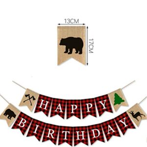 SWYOUN Burlap Lumberjack Happy Birthday Banner Boy Girl Birthday Woodland Theme Birthday Party Decorations Backdrop