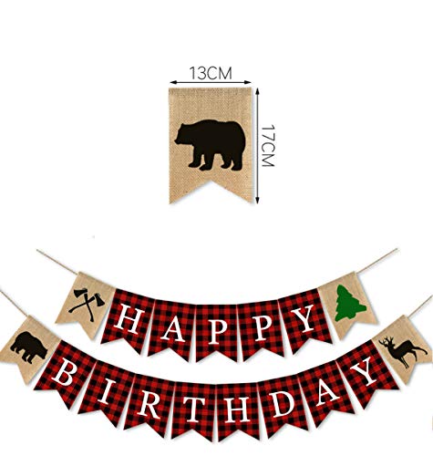 SWYOUN Burlap Lumberjack Happy Birthday Banner Boy Girl Birthday Woodland Theme Birthday Party Decorations Backdrop