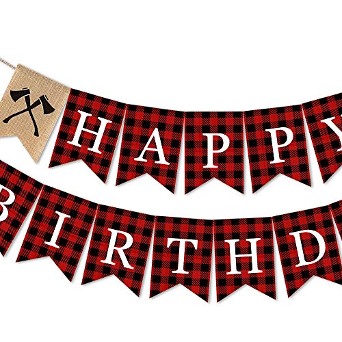 SWYOUN Burlap Lumberjack Happy Birthday Banner Boy Girl Birthday Woodland Theme Birthday Party Decorations Backdrop