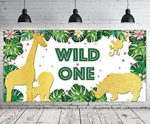tuta large wild one banner | 1st birthday party supplies decoration | jungle safari animal 1st bday party banner | baby first birthday backdrop background for boy or girl green – 6.6 x 3.3 ft