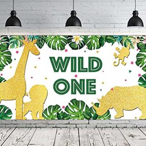 TUTA Large Wild One Banner | 1st Birthday Party Supplies Decoration | Jungle Safari Animal 1st Bday Party Banner | Baby First Birthday Backdrop Background for Boy or Girl Green - 6.6 x 3.3 FT