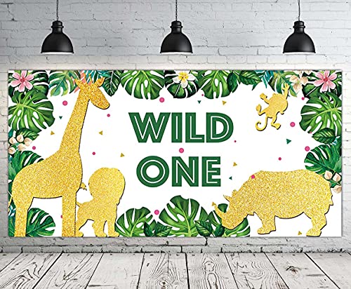 TUTA Large Wild One Banner | 1st Birthday Party Supplies Decoration | Jungle Safari Animal 1st Bday Party Banner | Baby First Birthday Backdrop Background for Boy or Girl Green - 6.6 x 3.3 FT